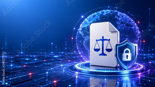 Global digital law and cybersecurity compliance concept with justice scale document and world globe