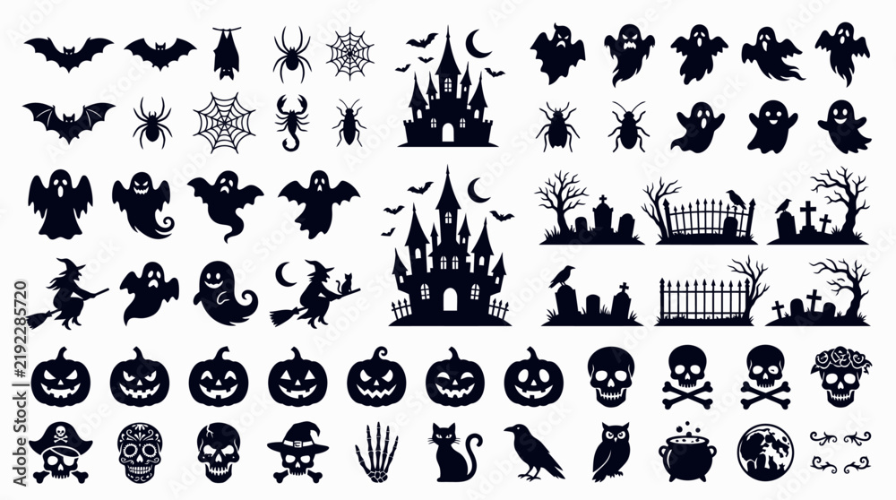 Obraz premium Set of Halloween black silhouettes including haunted castles, spooky ghosts, pumpkins, and bats