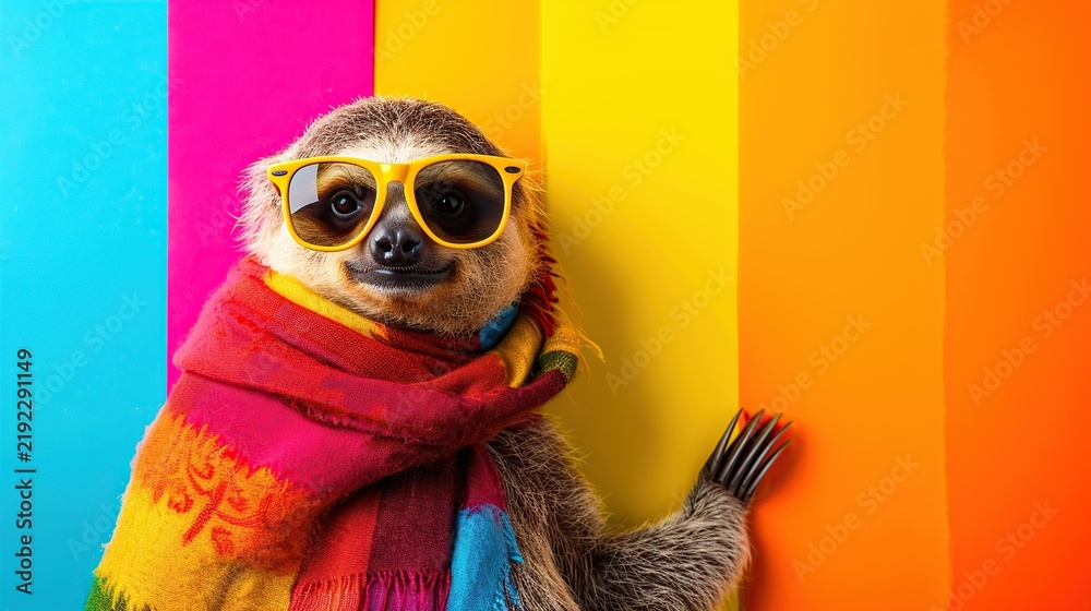Fototapeta premium Playful Sloth in Bright Sunglasses and Scarf Posing Against Colorful Wall Panels