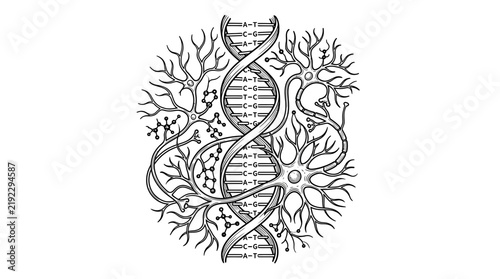 DNA helix intertwined with neural network illustration