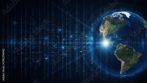 Glowing digital binary code flows around a detailed Earth globe against a dark background. Perfect for global technology and international network communication concepts.
