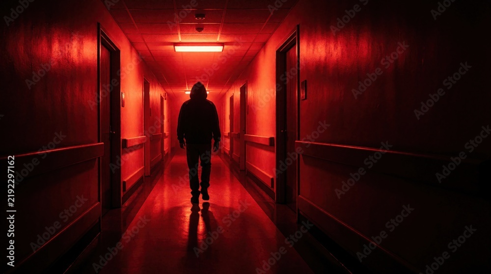 Fototapeta premium Silhouette figure walks down red lit hallway, casting long shadow. Mysterious dark corridor, interior passage with doors, atmospheric mood. Building interior, lone person.