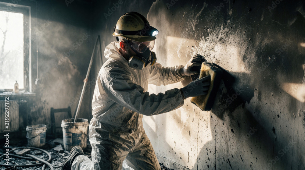 Fototapeta premium Fire restoration worker wears protective suit and mask cleaning soot from damaged wall. Professional cleanup job after house fire disaster indoors.