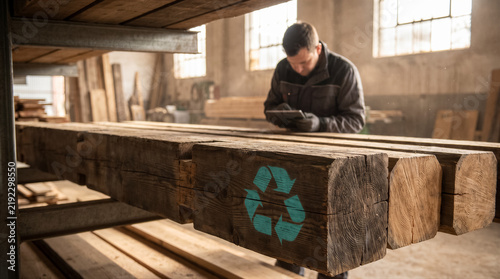 Carpenter inspecting reclaimed wooden beams in a workshop with a recycle symbol on the timber