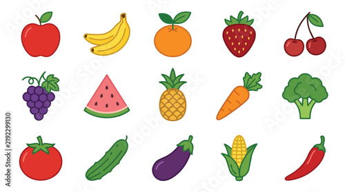 Organic fruit and vegetable icons set for healthy diet and grocery retail mobile apps flat vector illustration