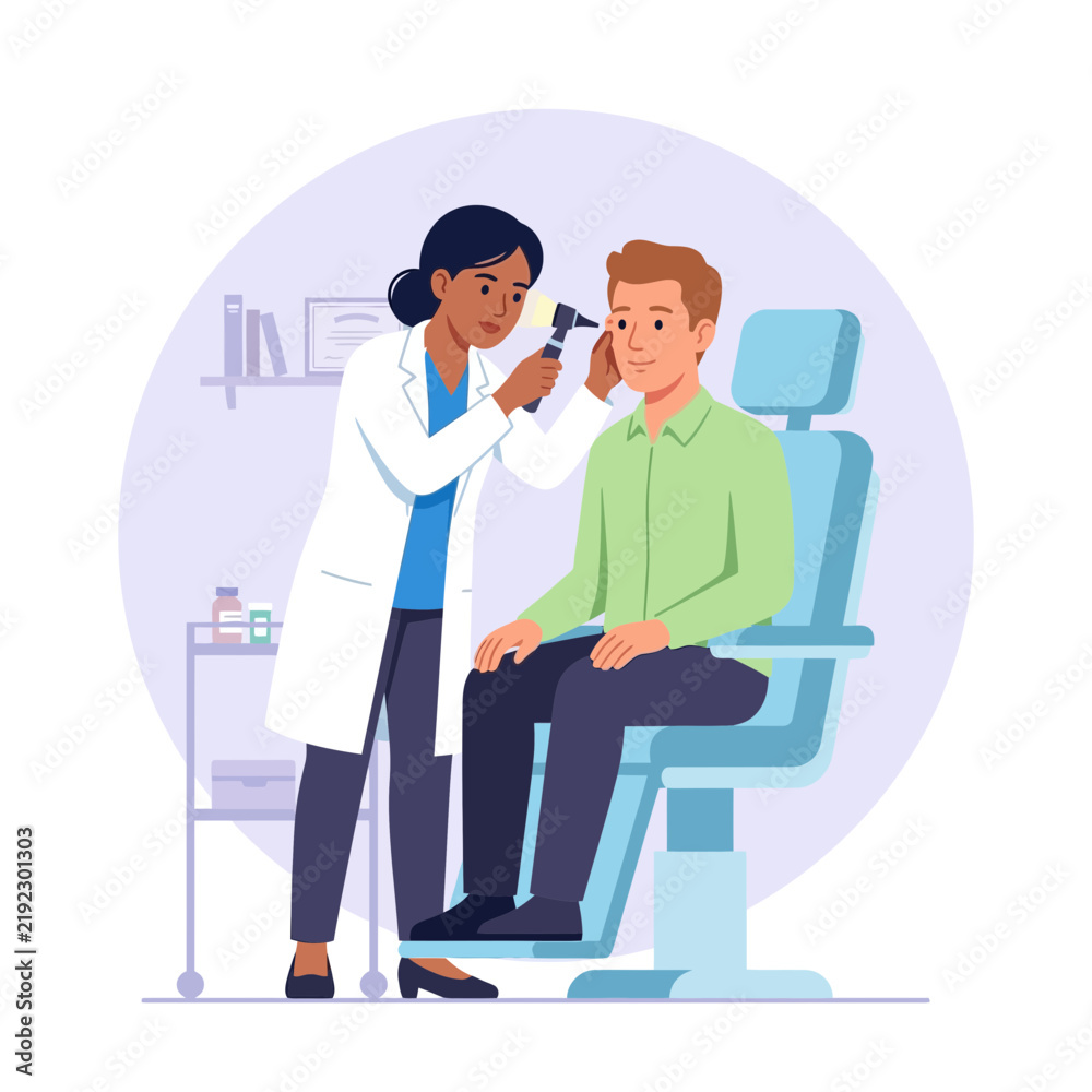 Fototapeta premium Doctor examines patient's ear with otoscope, medical checkup, healthcare illustration