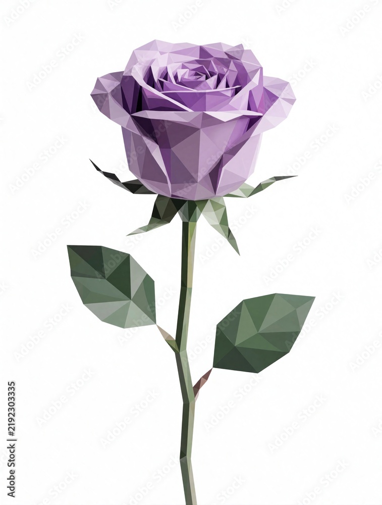 Obraz premium Geometric rose illustration with purple petals and green leaves. Stylized flower on white background, digital art. Modern, abstract floral design element perfect for graphic needs.