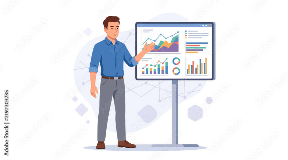 Obraz premium Man presenting financial charts and graphs on a digital screen, illustrating business growth and analysis.