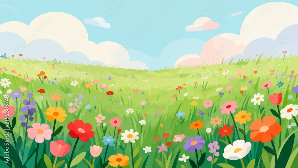 Obraz premium Vibrant wildflowers dot a sunlit meadow. Pastel clouds drift above a gentle green hill. Soft colors evoke peace and joy. Perfect for nature, travel, or wellness branding