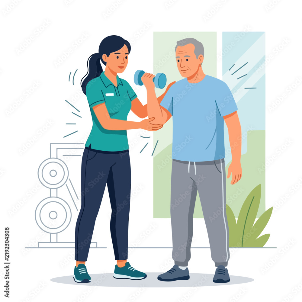 Fototapeta premium Fitness Trainer Assists Senior Man Lifting Dumbbell for Strength Training and Rehabilitation