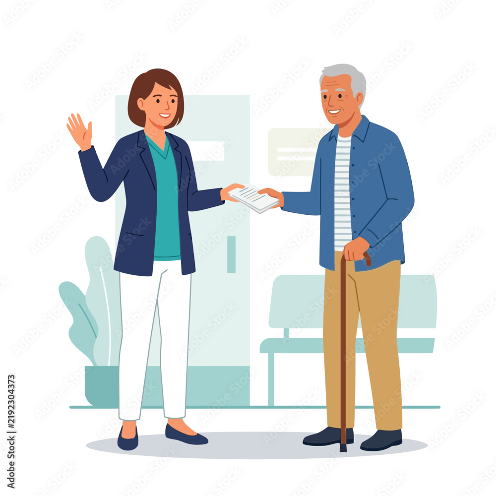 Fototapeta premium Friendly interaction: Woman hands document to elderly man with cane in waiting room