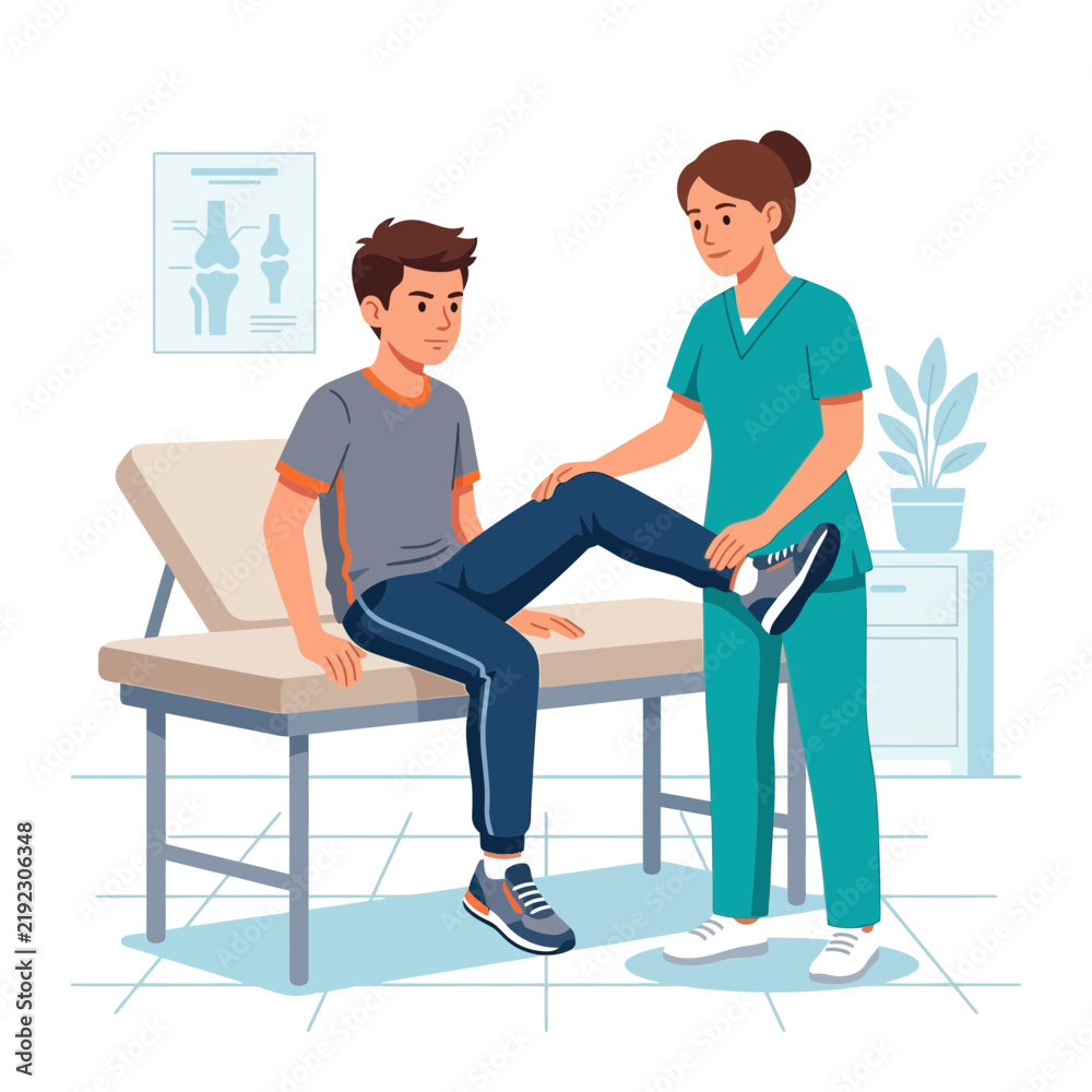 Obraz premium Physical therapist assisting a patient with leg exercises on examination table, medical poster in background