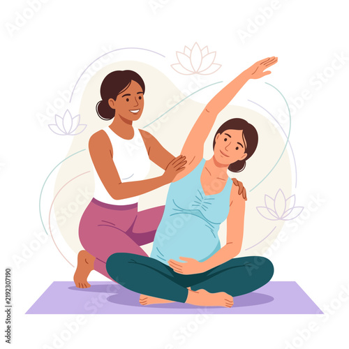 Pregnant Woman Doing Yoga with Instructor on Mat, Wellness and Healthcare Concept