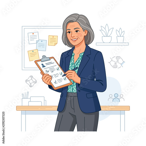 Professional Businesswoman Checking Tasks on Clipboard in Modern Office Environment, Vector Illustration
