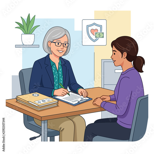 Professional Consultation: Advisor discussing insurance policy with client, highlighting financial security and healthcare.