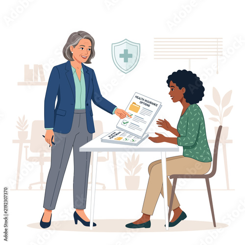 Professional consultation showing health insurance options to client, diverse women, modern office setting
