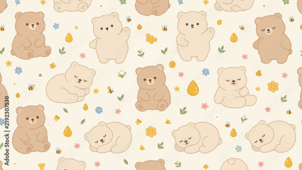 Fototapeta premium Seamless pattern with cute cartoon bears and honey drops in pastel colors.