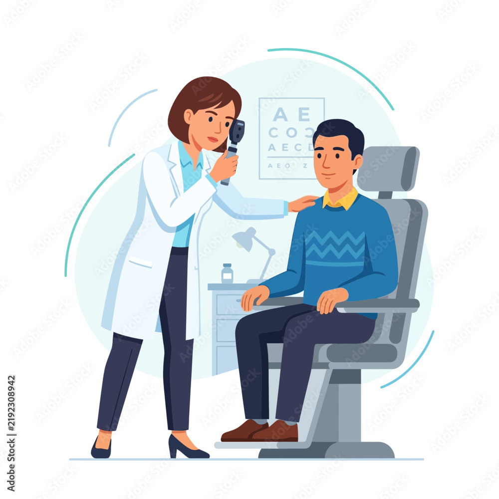 Fototapeta premium Optometrist examining a patient's eyes with a handheld ophthalmoscope in an examination room.