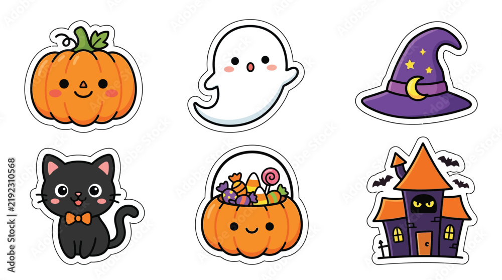 Obraz premium Charming Halloween sticker collection featuring cute pumpkins, ghosts, and spooky elements