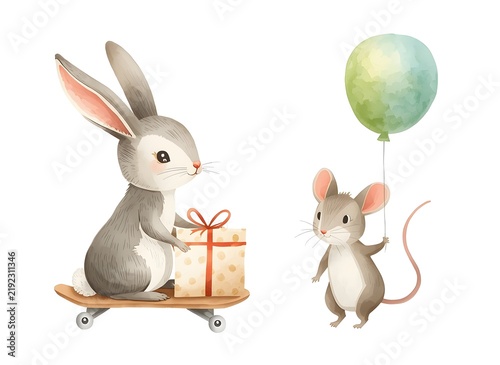 Bunny with gift and mouse with balloon on skateboard, cute watercolor isolated illustration for kids print, childish wallpapers, decoration holiday, cards or poster. Hand drawn cartoon characters.