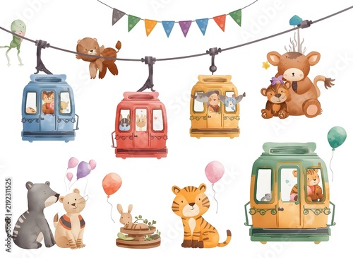 Set with watercolor colorful funiculars, cute animals, garland and balloons, isolated print of hand drawn symbols cable car, recreation, hobby, excursion, for kids room design, wallpapers or cards.