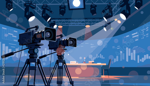 Television news broadcast studio with cameras and spotlights vector