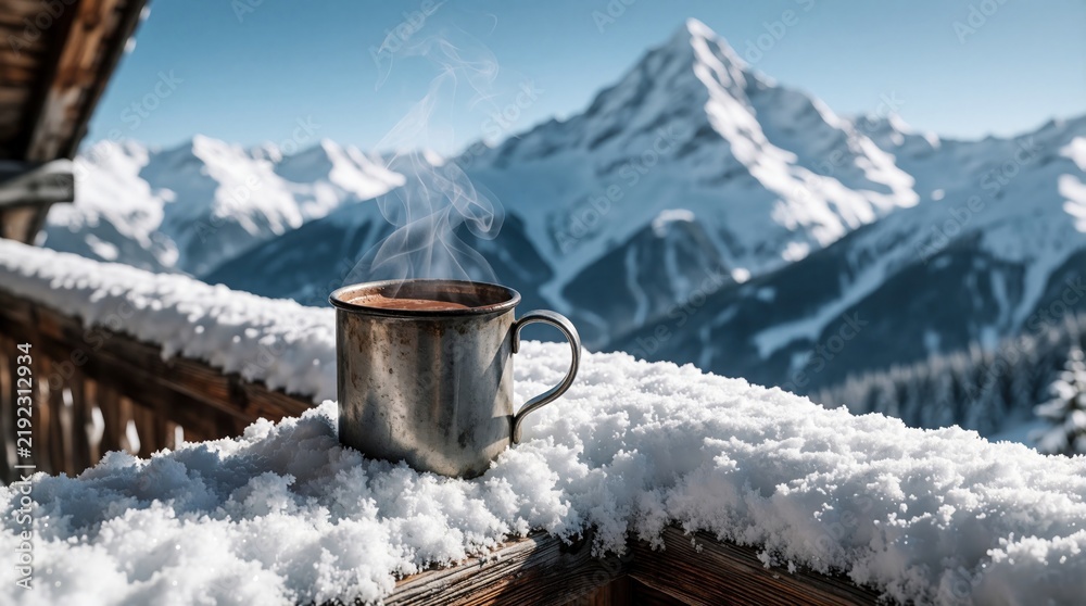 Fototapeta premium Steaming hot drink in metal mug rests on snowy mountain balcony with peaks beyond. Warmth contrasts cold winter landscape. Enjoying cozy vacation in resort.
