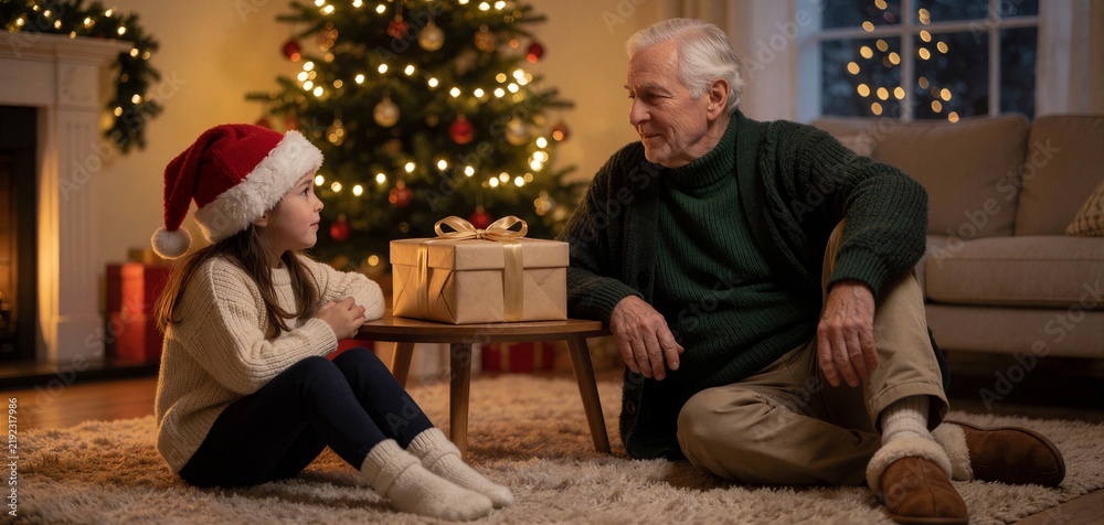 Fototapeta premium A heartwarming scene of an exchange of Christmas gifts between a young girl and her grandfather near a decorated Christmas tree.