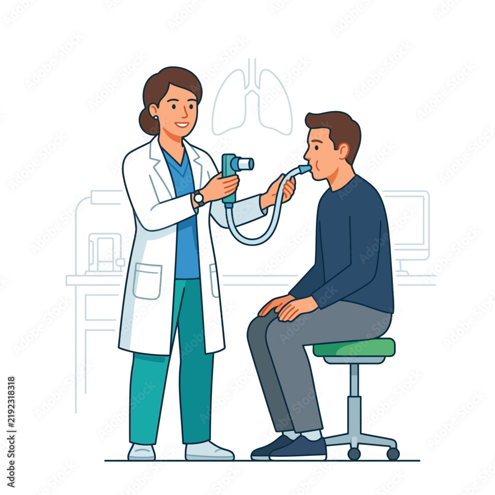 Obraz premium Doctor performing spirometry test on patient to check lung function, medical illustration with transparent lungs in background
