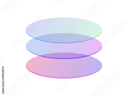 Three stacked glass disk layers with holographic violet and blue gradients for tech presentation.