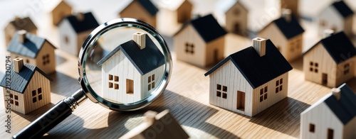 Magnifying glass inspects small wooden house model on table. Real estate agent searches for best property investment perfect home. Person evaluates housing market, house prices, residential building