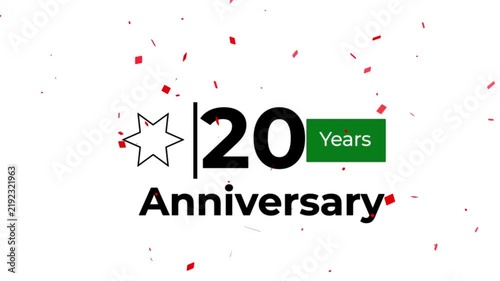 minimalist 20 years anniversary motion graphics animation with star scale rotation line reveal and exploding red banner.