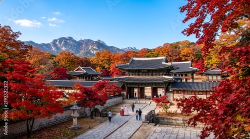 붉은 단풍나무 프레임과 산이 어우러진 가을 서울 궁궐 전각 풍경 Magnificent Autumn Landscape of Palace Framed by Vibrant Red Maple Trees in Seoul