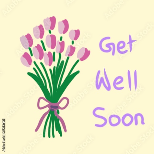 Fotografía A bouquet of pink tulips tied with a pink ribbon, accompanied by a Get Well Soon message against a pastel yellow background