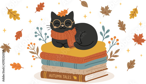 A Cozy Autumn Scene Featuring a Cute Cat Wearing Glasses, Sitting on a Stack of Books Surrounded by Leaves and Foliage, Perfect for Book Lovers and Cat Enthusiasts
