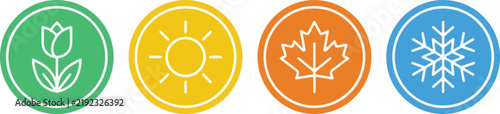 Four seasons icon collection with spring, summer, autumn and winter symbols in colorful circular backgrounds. Seasonal weather icons for calendars, educational materials, apps and visual design.