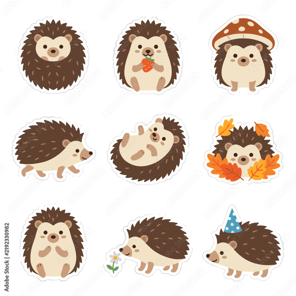 Obraz premium Cute Hedgehog Sticker Set with Kawaii Animal Illustrations