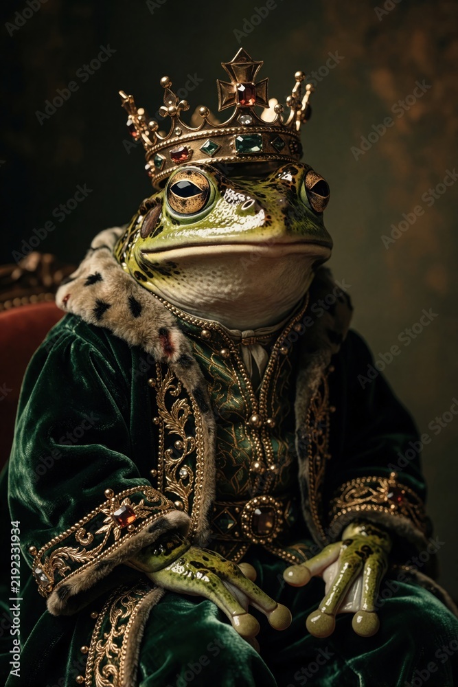 Fototapeta premium Anthropomorphic frog wears kingly robe and golden crown. Royal amphibian sits regally, fantasy character. Charming prince look, green velvet attire.