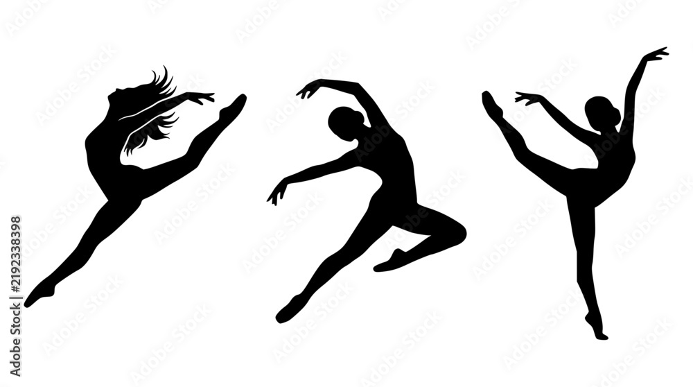 Fototapeta premium Black silhouettes of female dancers performing ballet poses on white background