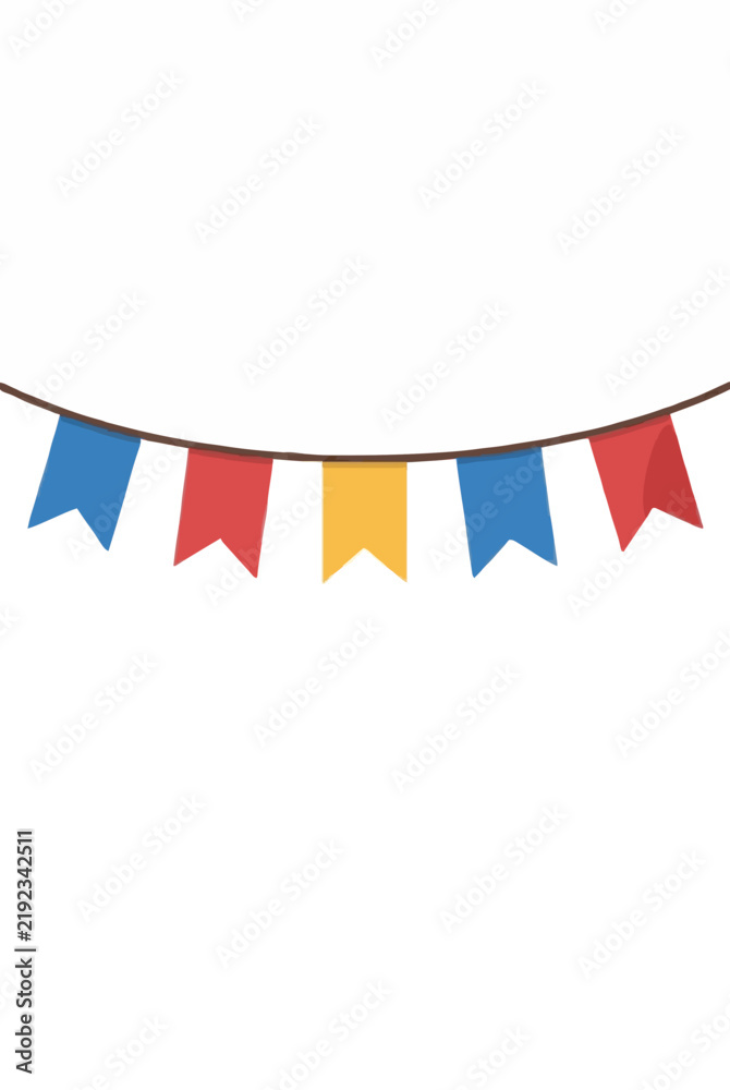 Fototapeta premium Vibrant colorful triangular pennant bunting flags in blue red and yellow hanging from a brown rope string festive party celebration decoration vector icon illustration for holiday event design