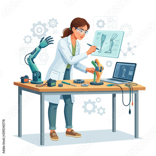 Female Engineer Designs Advanced Prosthetic Limb in Modern Laboratory
