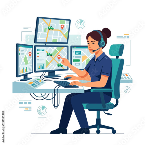 Female operator in a control room, using multiple monitors displaying GPS maps, charts, and communication interfaces.