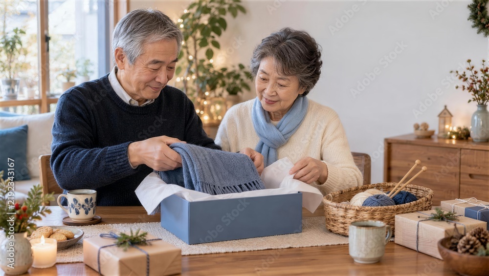 Obraz premium 手編みのマフラーを箱に収めるシニア夫婦