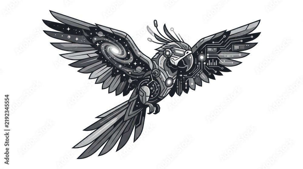 Fototapeta premium Cybernetic parrot flying with galaxy patterned wings.