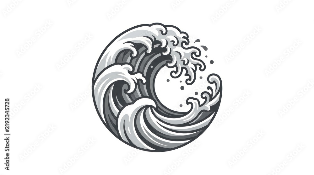 Fototapeta premium Detailed gray-scale Japanese wave ukiyo-e emblem.