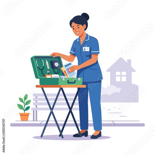 Nurse Preparing Medical Kit Outdoors with House and Bench Background - Healthcare and Home Visit Concept