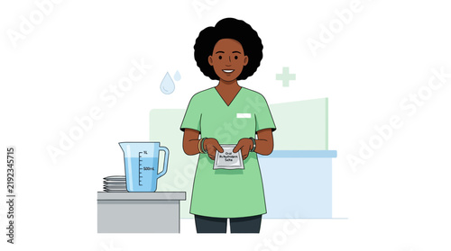 Nurse Preparing Medical Solution with Measuring Jug and Sachet in Clean Clinic Setting