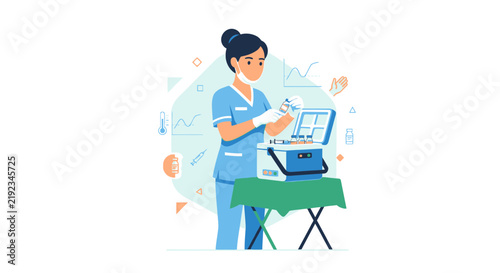 Nurse preparing vaccine doses from a cooler box for administration, healthcare and vaccination concept illustration.