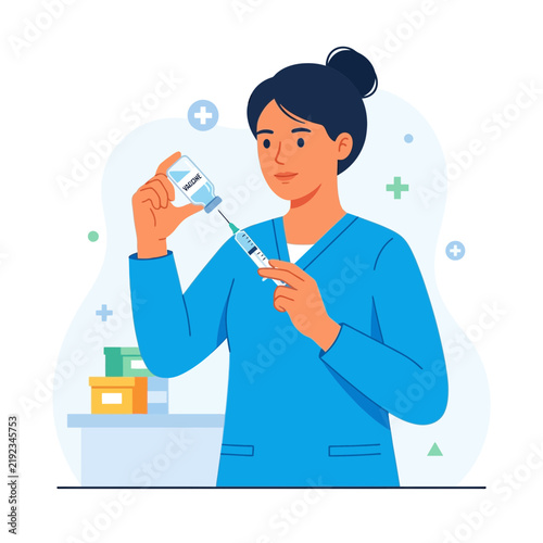 Nurse Preparing Vaccine Injection: Medical Professional with Syringe and Vial in Flat Illustration Style