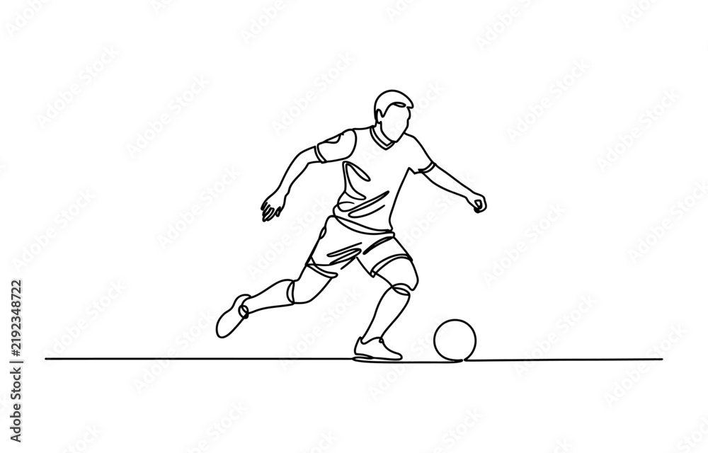 Fototapeta premium Continuous single line drawing of a soccer player running with a ball